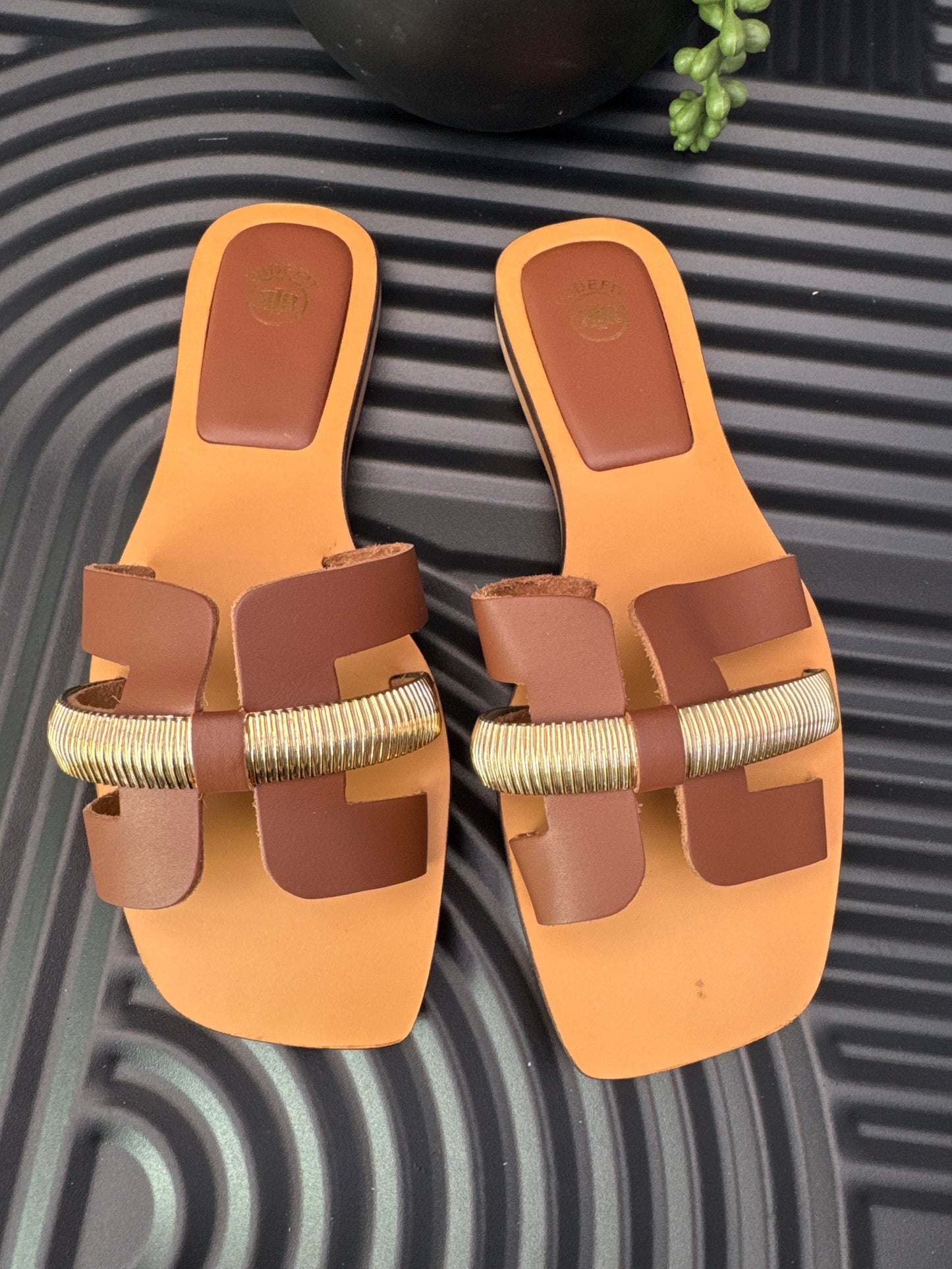 Brown Wide Fit Leather Flat Sandals