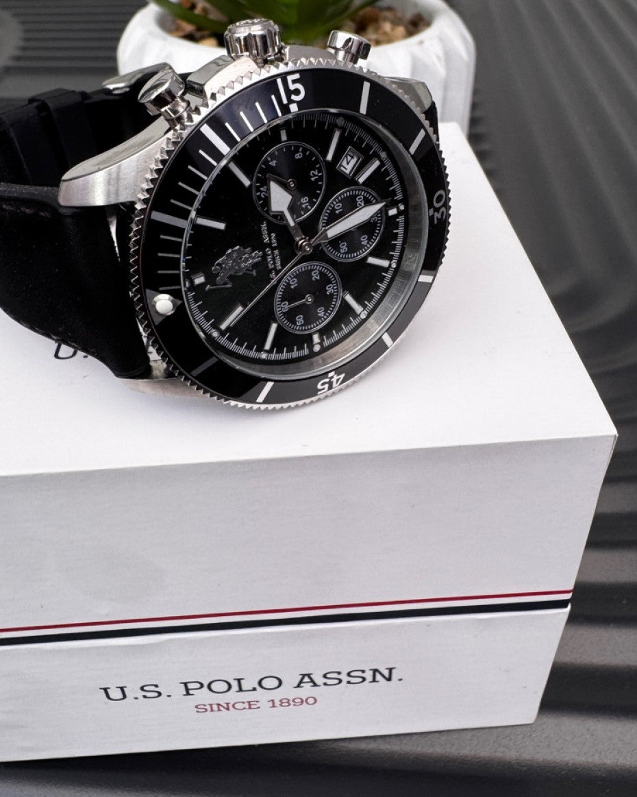 US Polo Assn Black & Silver Tone Argo Chronograph Watch