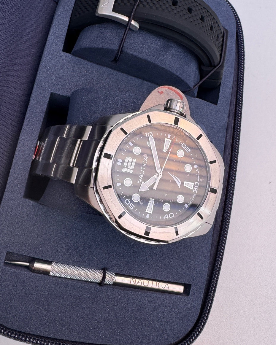 Nautica Stainless Steel Bracelet and Black Silicone Strap Watch