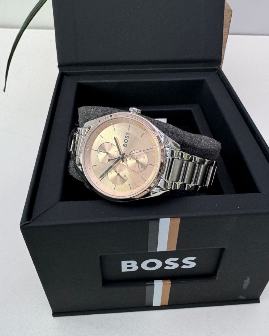 BOSS bracelet watch with rose gold dial.