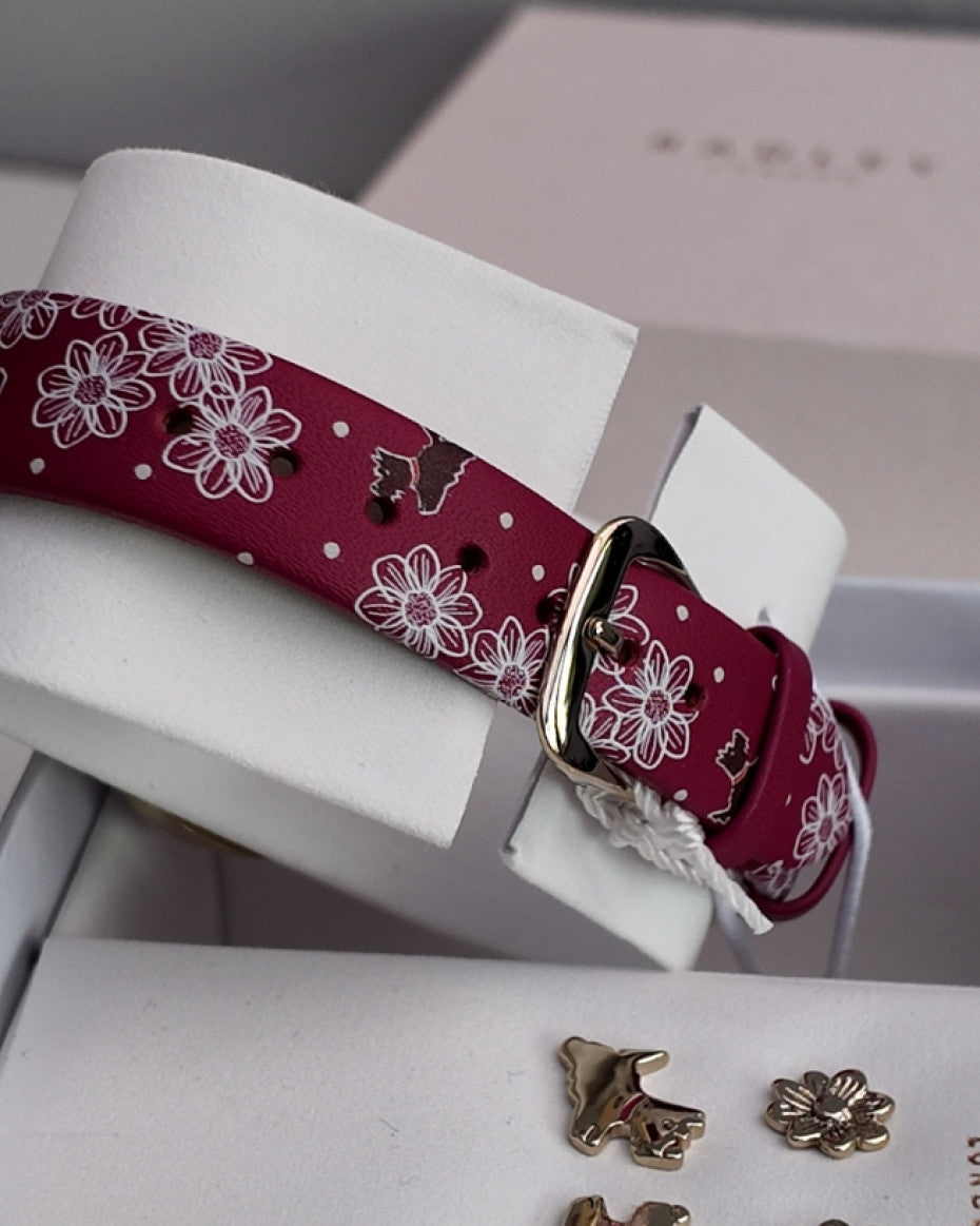 RADLEY Ladies Gold Plated Dark Rose Printed Strap Watch and Earring Set