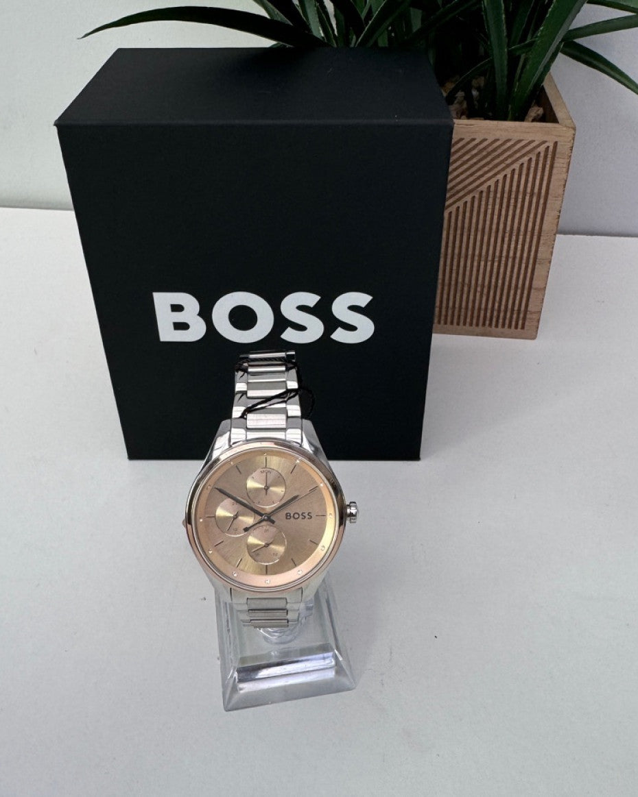 BOSS bracelet watch with rose gold dial.