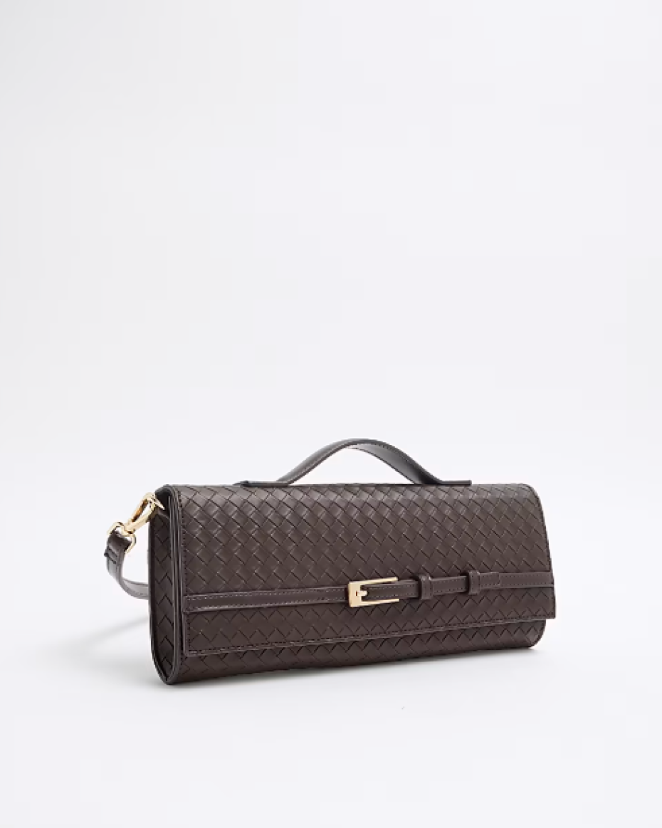 Brown Woven Buckle Shoulder Strap Clutch Bag