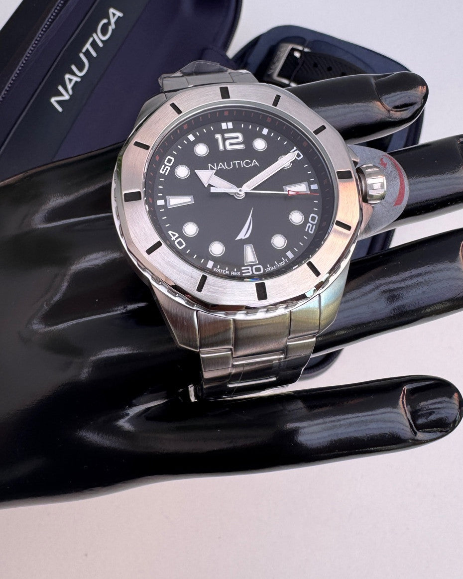 Nautica Stainless Steel Bracelet and Black Silicone Strap Watch