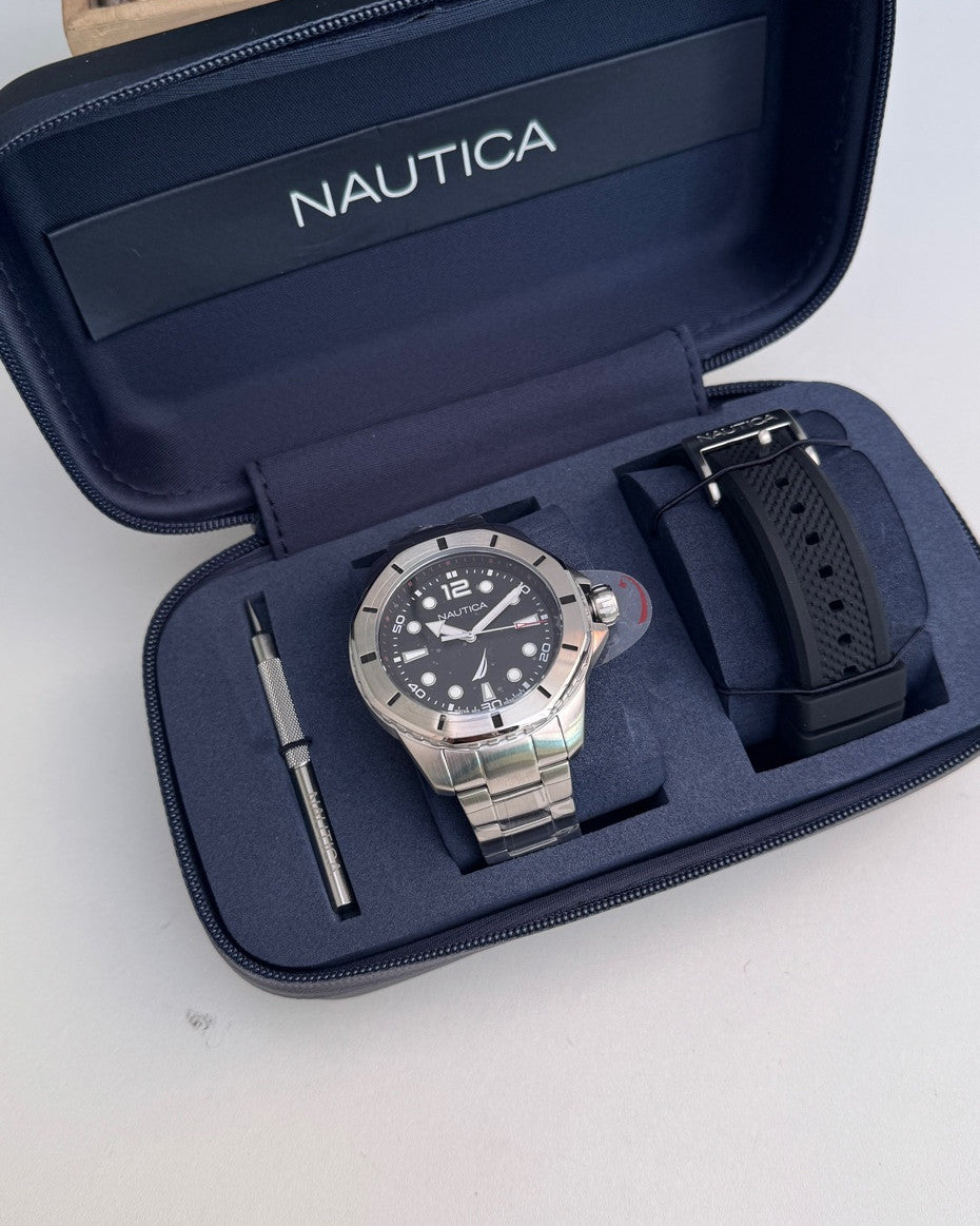 Nautica Stainless Steel Bracelet and Black Silicone Strap Watch