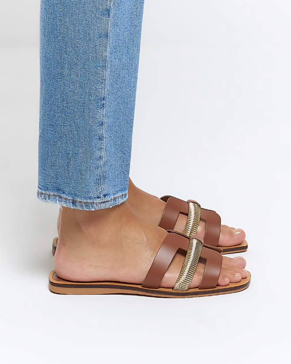 Brown Wide Fit Leather Flat Sandals