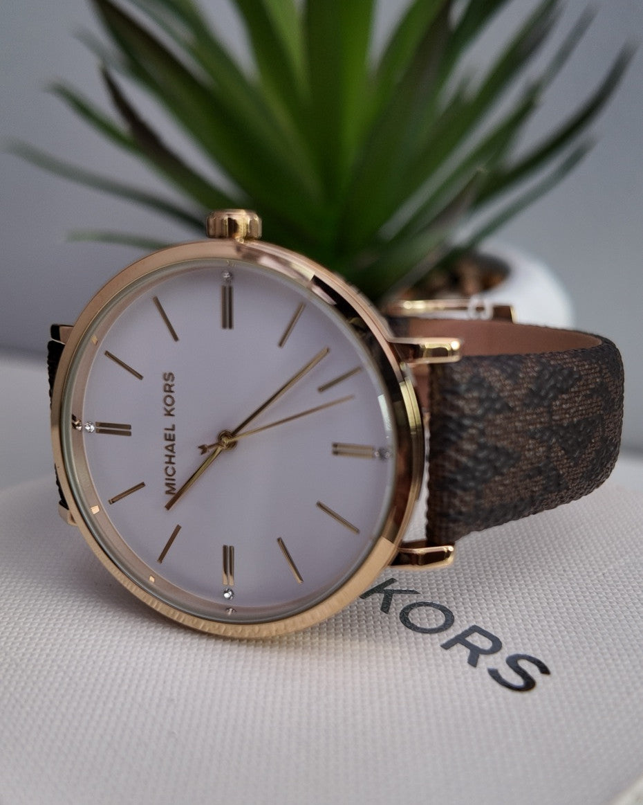 Michael Kors Monogram Leather Strap Watch