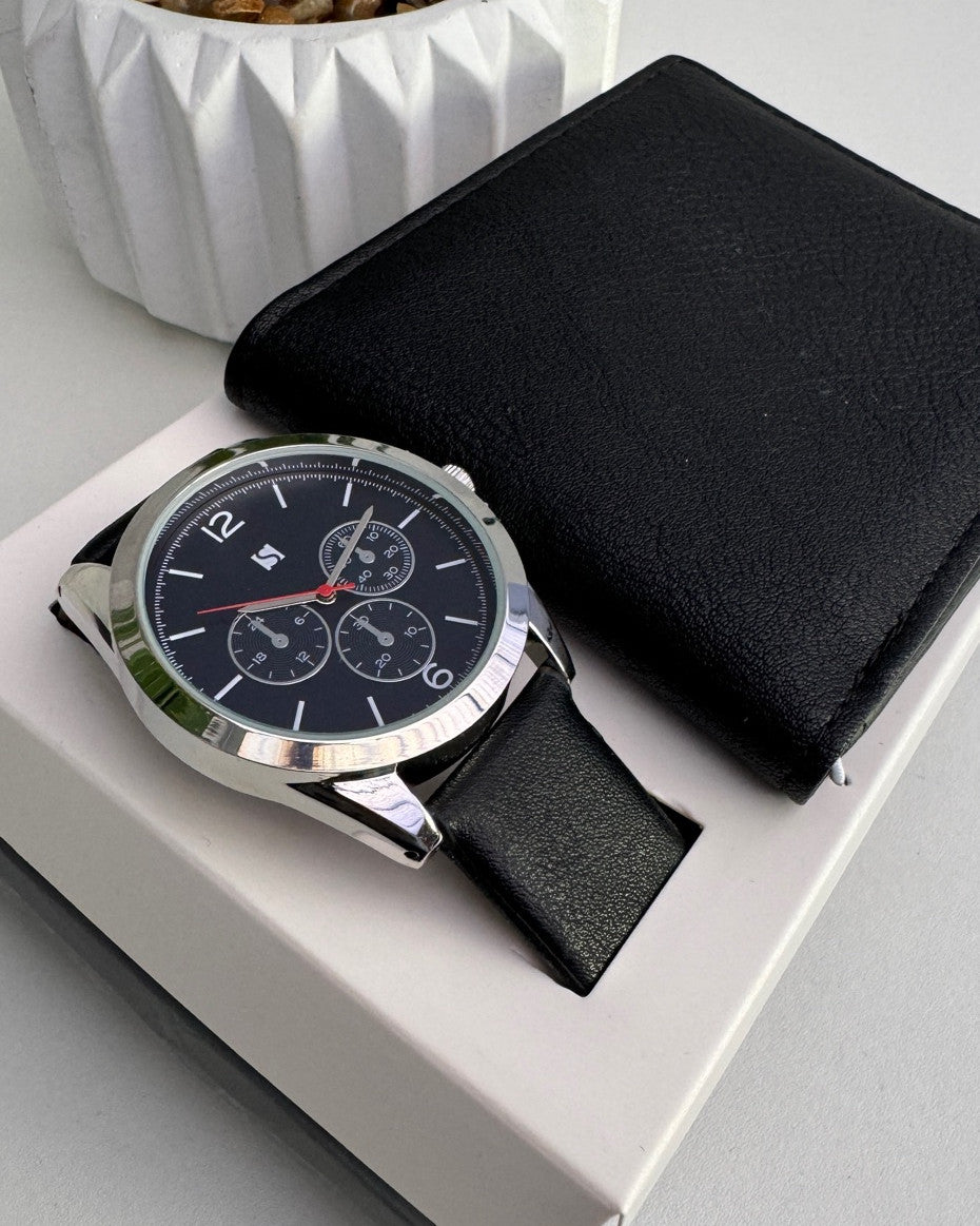 Black Chronograph Watch & Wallet Set