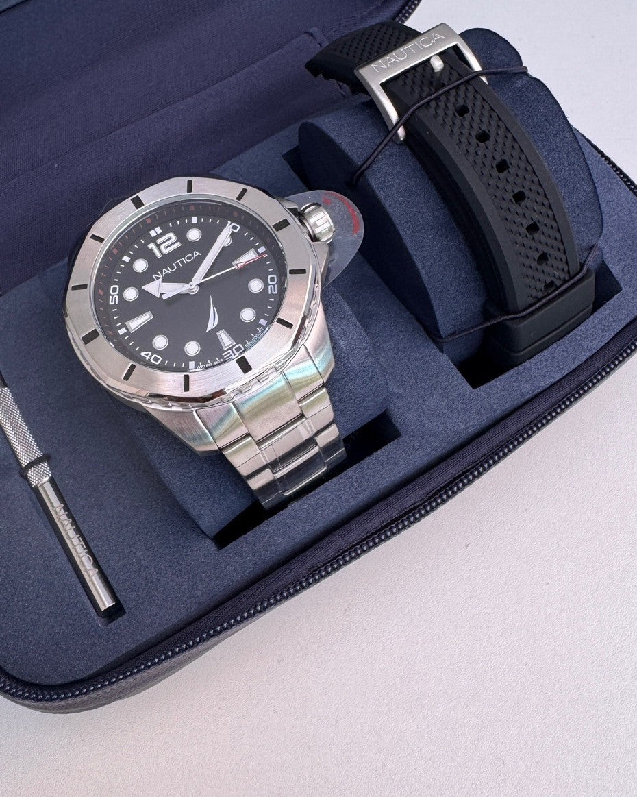 Nautica Stainless Steel Bracelet and Black Silicone Strap Watch