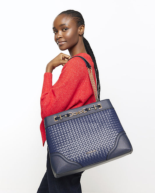 Navy Woven Chain Tote Bag