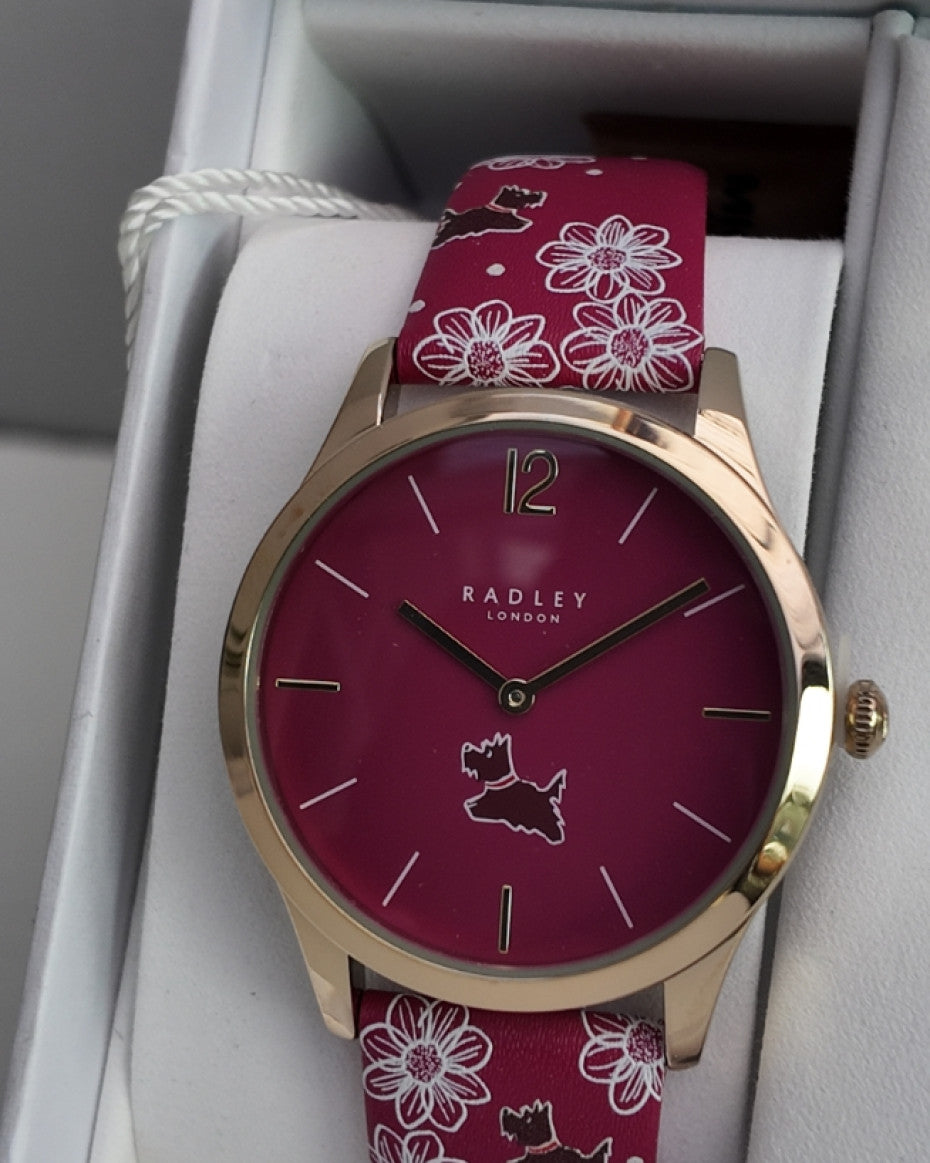 RADLEY Ladies Gold Plated Dark Rose Printed Strap Watch and Earring Set