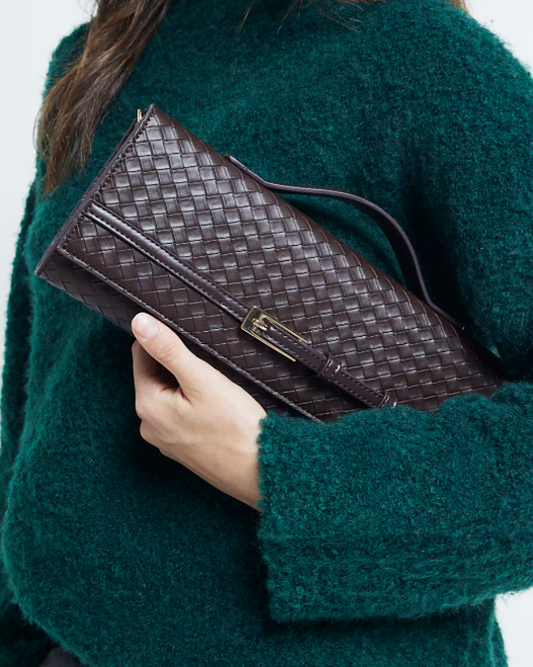 Brown Woven Buckle Shoulder Strap Clutch Bag
