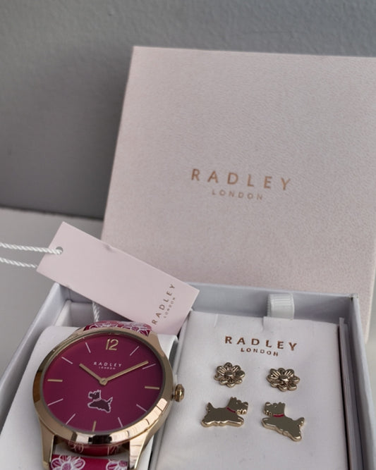 RADLEY Ladies Gold Plated Dark Rose Printed Strap Watch and Earring Set
