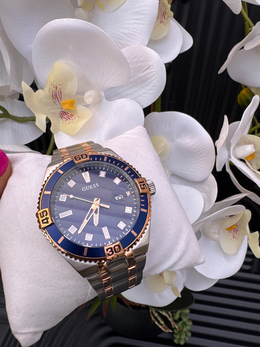 Guess Mens Premier Blue Dial Two Tone Watch