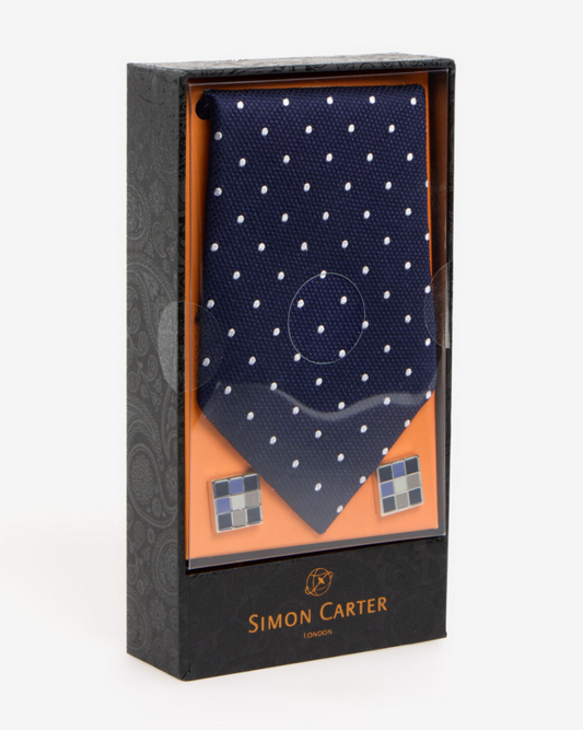 Three Piece Navy Spot Silk Tie & Cufflinks Set