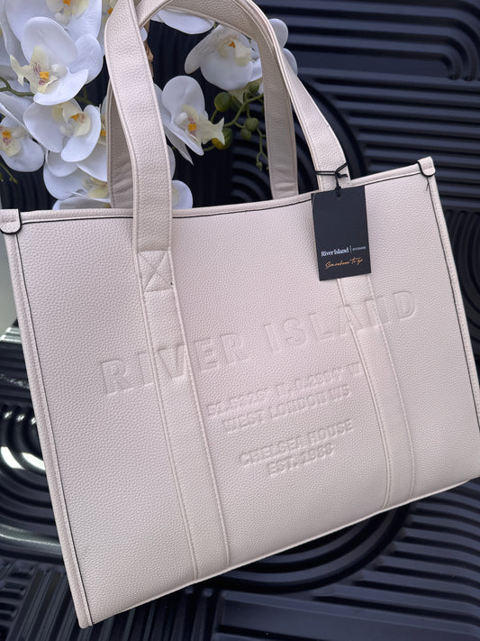 Cream Leather Embossed Shopper Bag