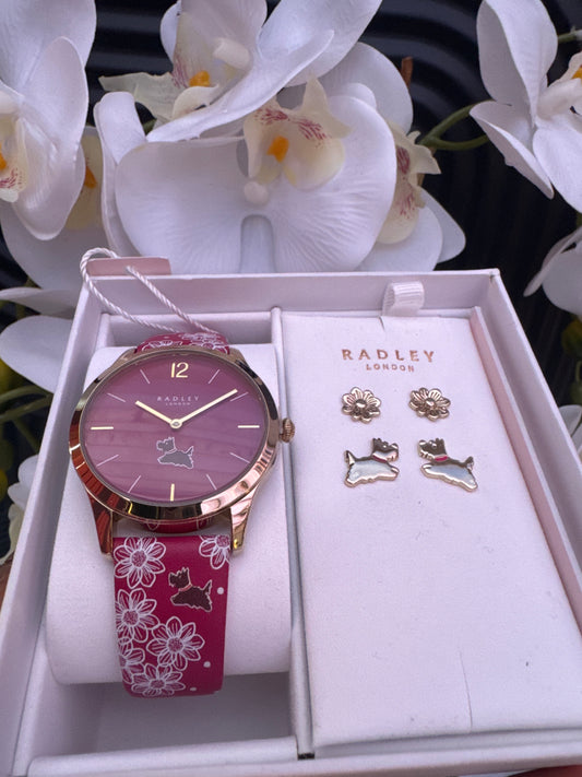 RADLEY Ladies Gold Plated Dark Rose Printed Strap Watch and Earring Set
