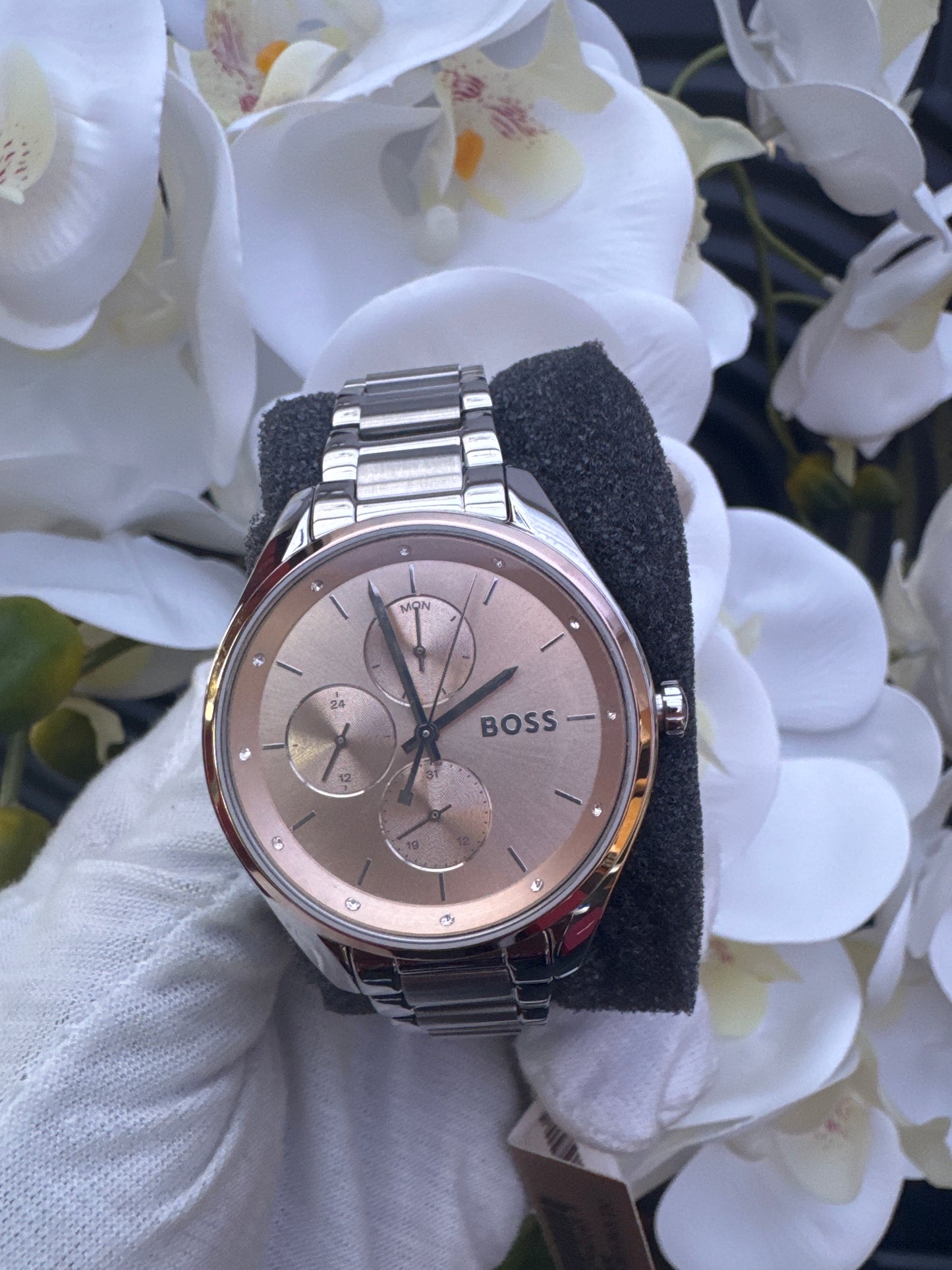 BOSS bracelet watch with rose gold dial.