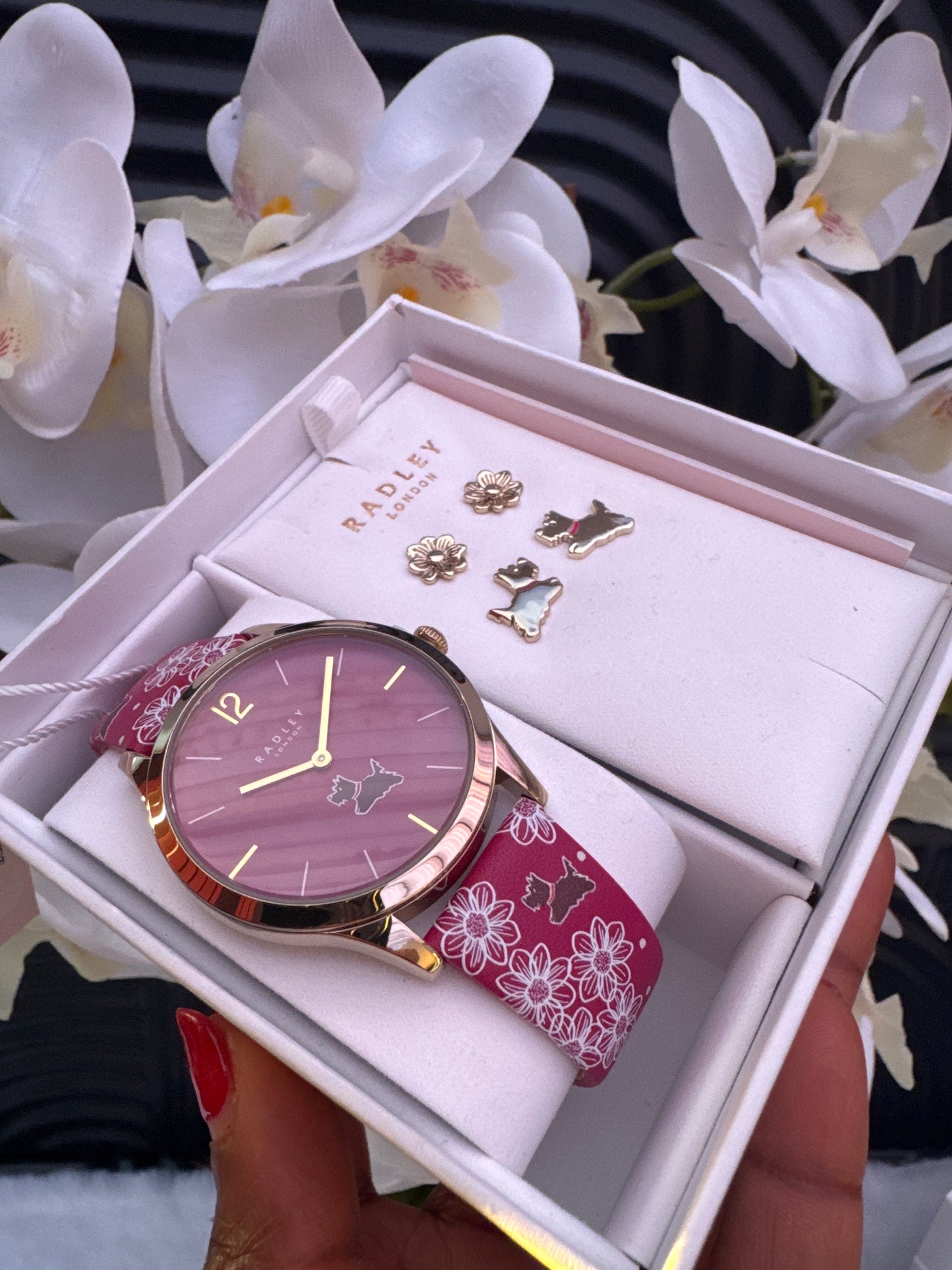 RADLEY Ladies Gold Plated Dark Rose Printed Strap Watch and Earring Set