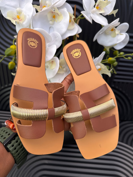 Brown Wide Fit Leather Flat Sandals
