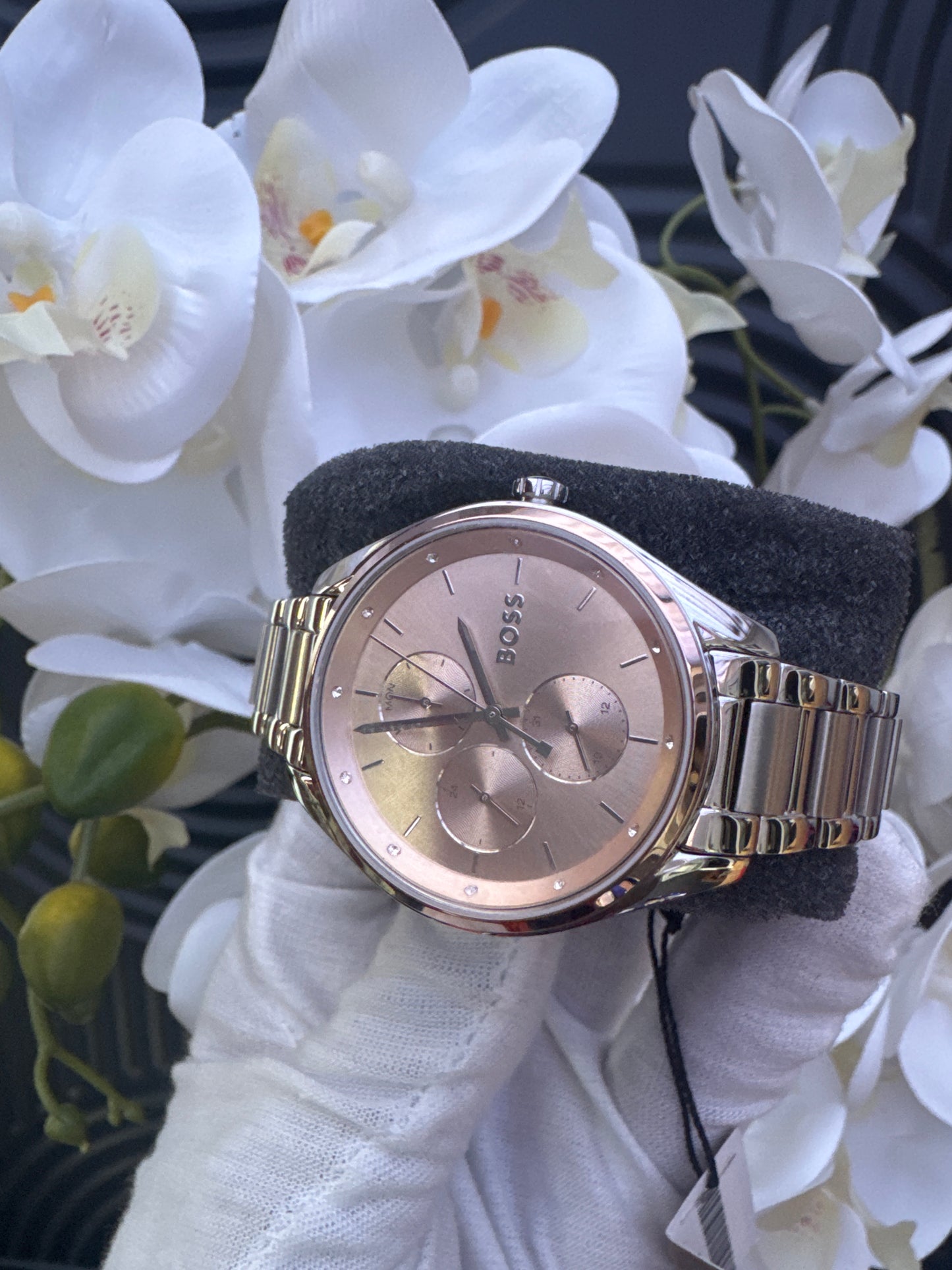 BOSS bracelet watch with rose gold dial.