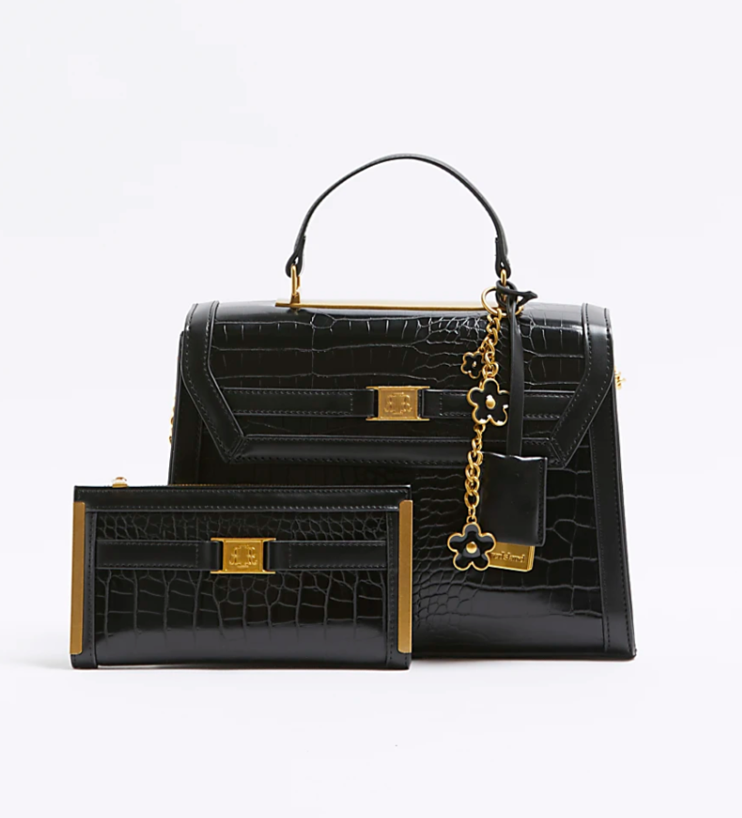 Black Cross Body Top Handle Bag and Purse Set