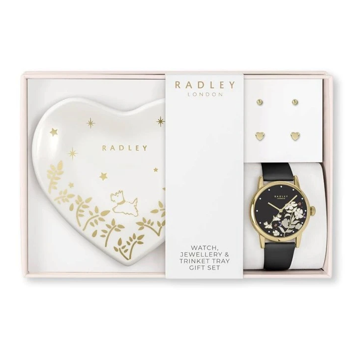 Black Strap Watch, Earrings And Trinket Tray