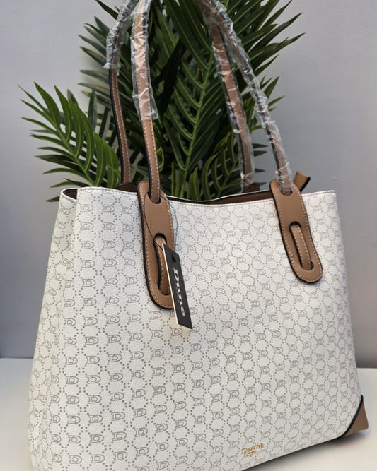 Monogram tote bag with pouch in white and tan