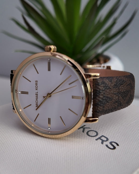 Michael Kors Monogram Leather Strap Watch
