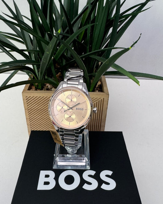 BOSS bracelet watch with rose gold dial.