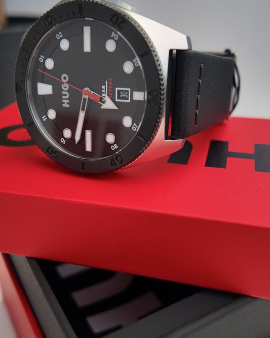 Hugo Boss Silver-tone watch with black leather strap