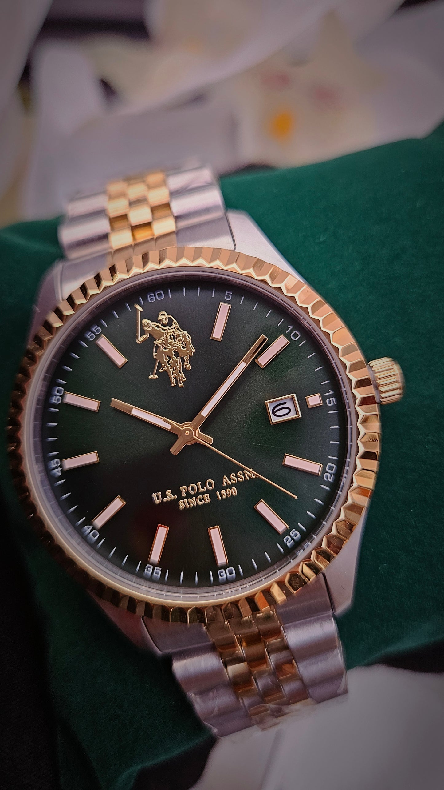 US Polo Assn Gold Tone & Green Stainless Steel Watch