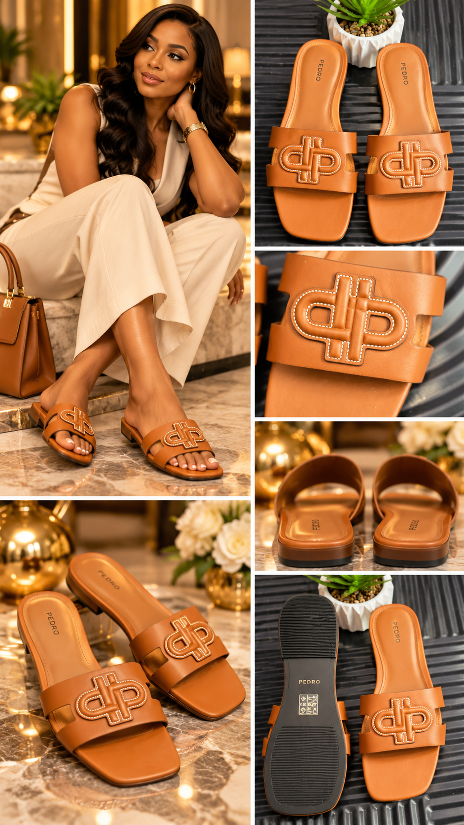 Leather Slip on Sandals in Brown