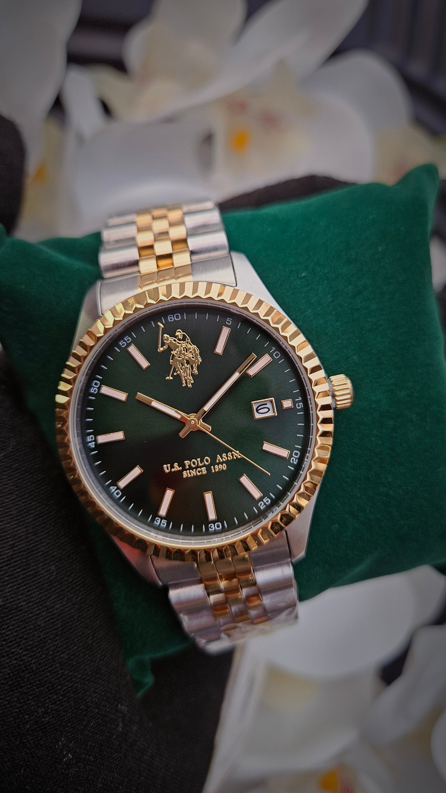 US Polo Assn Gold Tone & Green Stainless Steel Watch