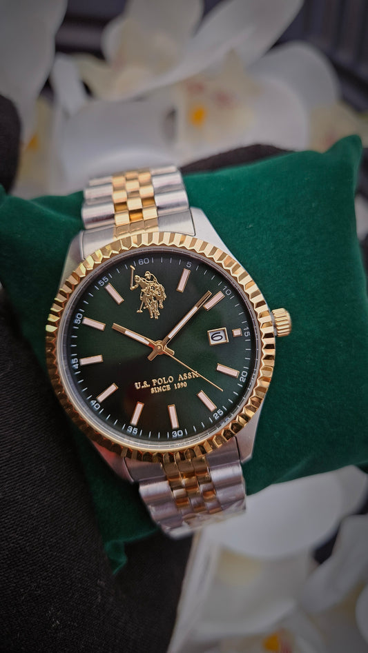 US Polo Assn Gold Tone & Green Stainless Steel Watch