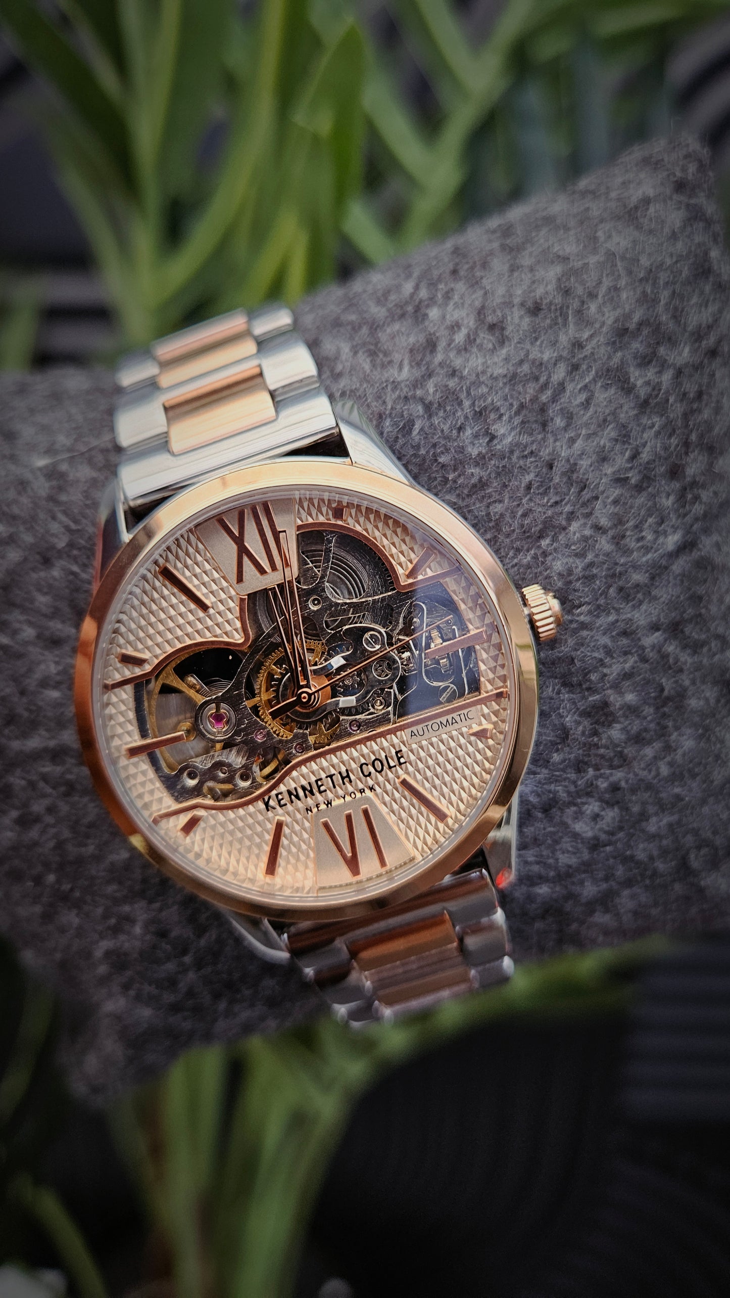 K.C Silver & Rose Gold Leather Automatic Watch