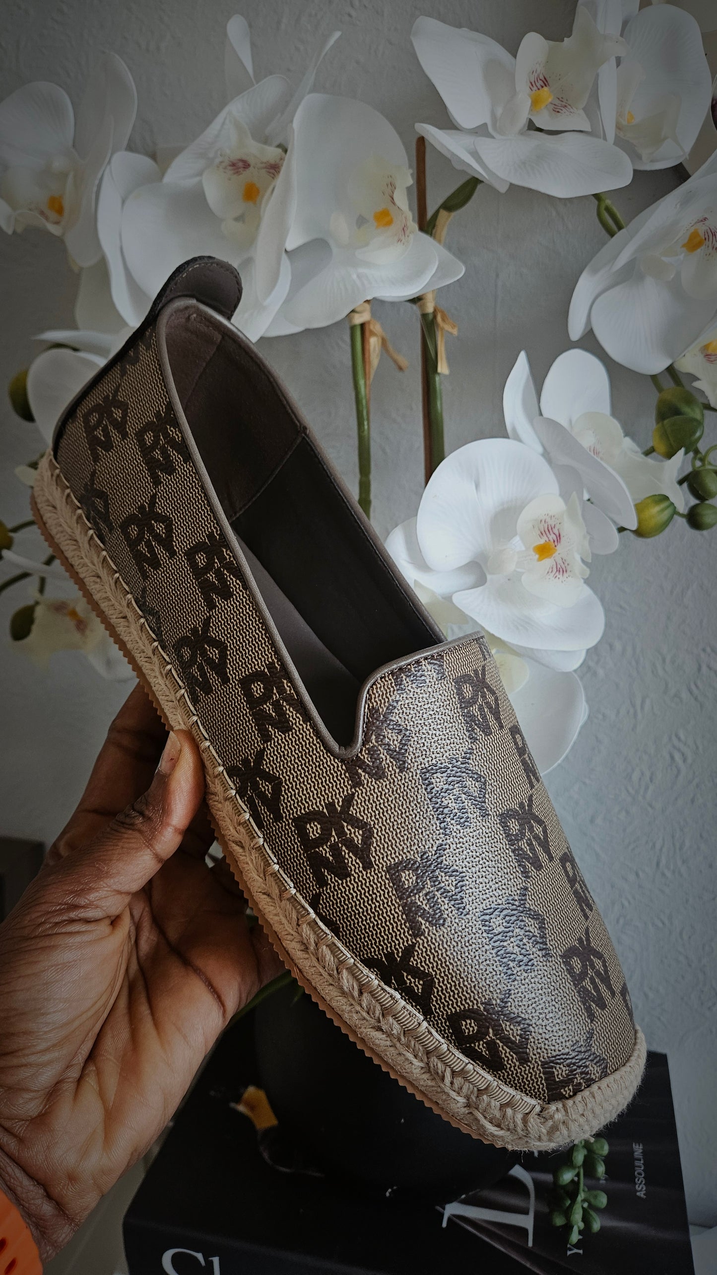 DKNY Brown Monogram Natural Trim Loafers - Authentic Retail Product