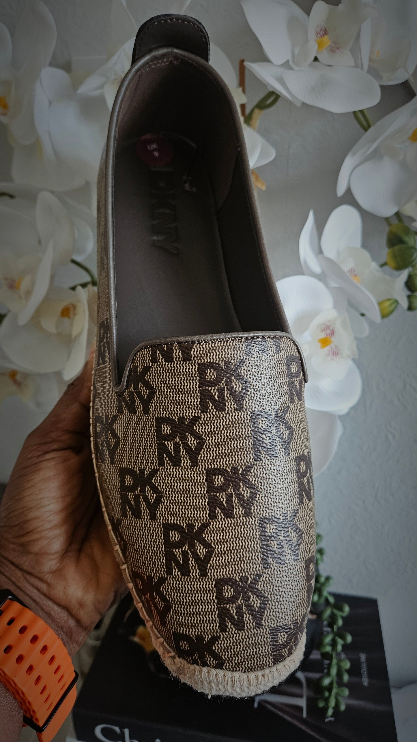 DKNY Brown Monogram Natural Trim Loafers - Authentic Retail Product