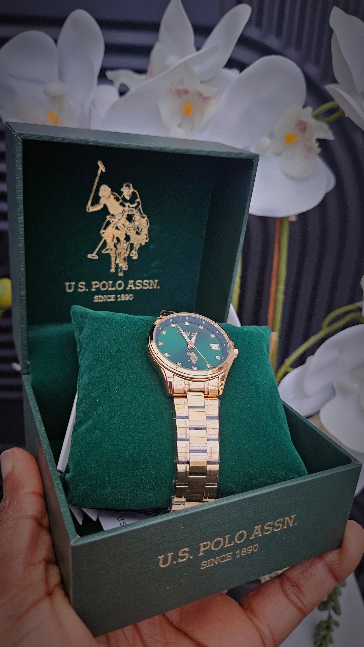 US Polo Assn Gold Tone & Green Ladies Analogue Watch