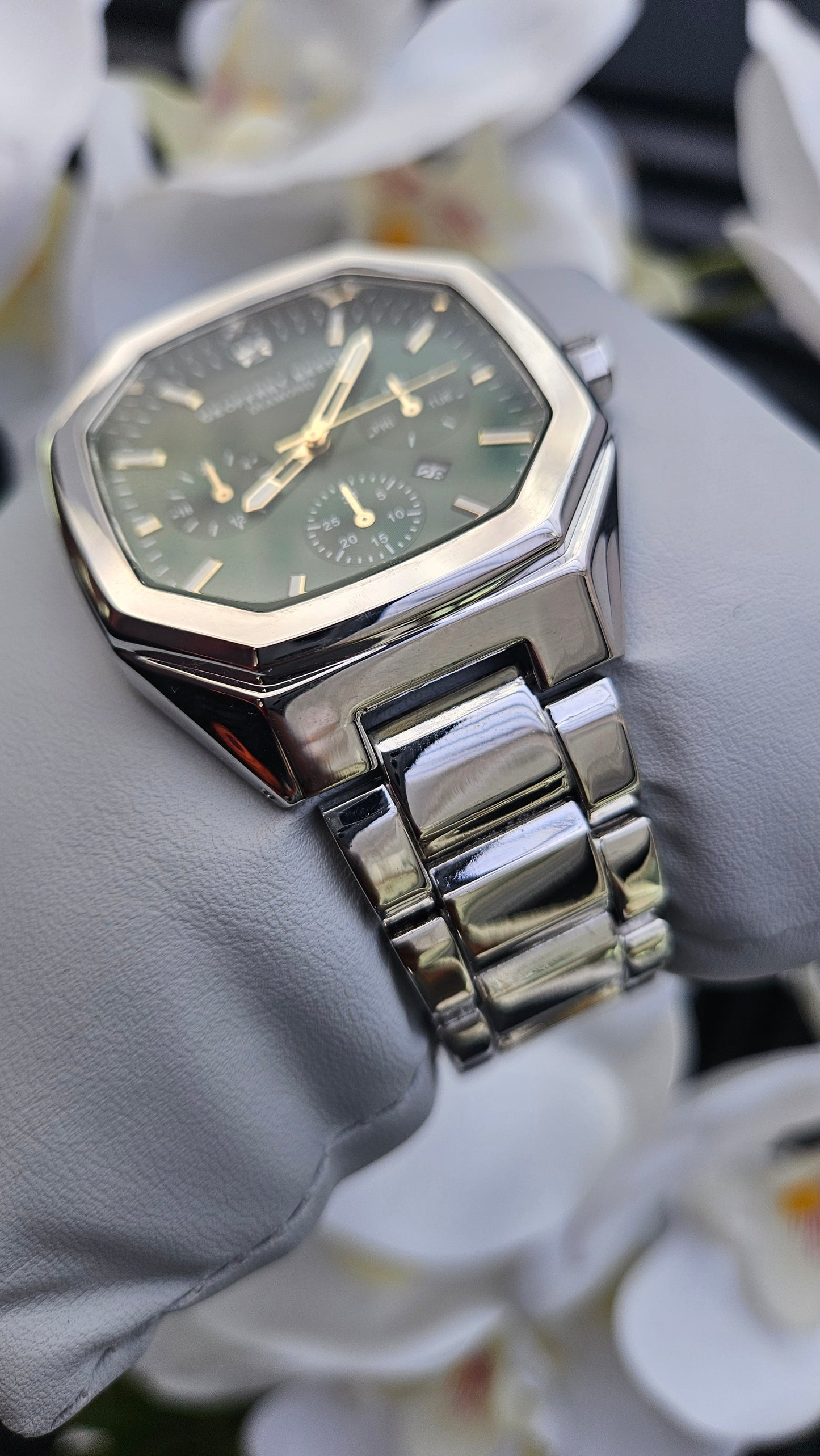 Green Dial Diamond Silver Strap Watch