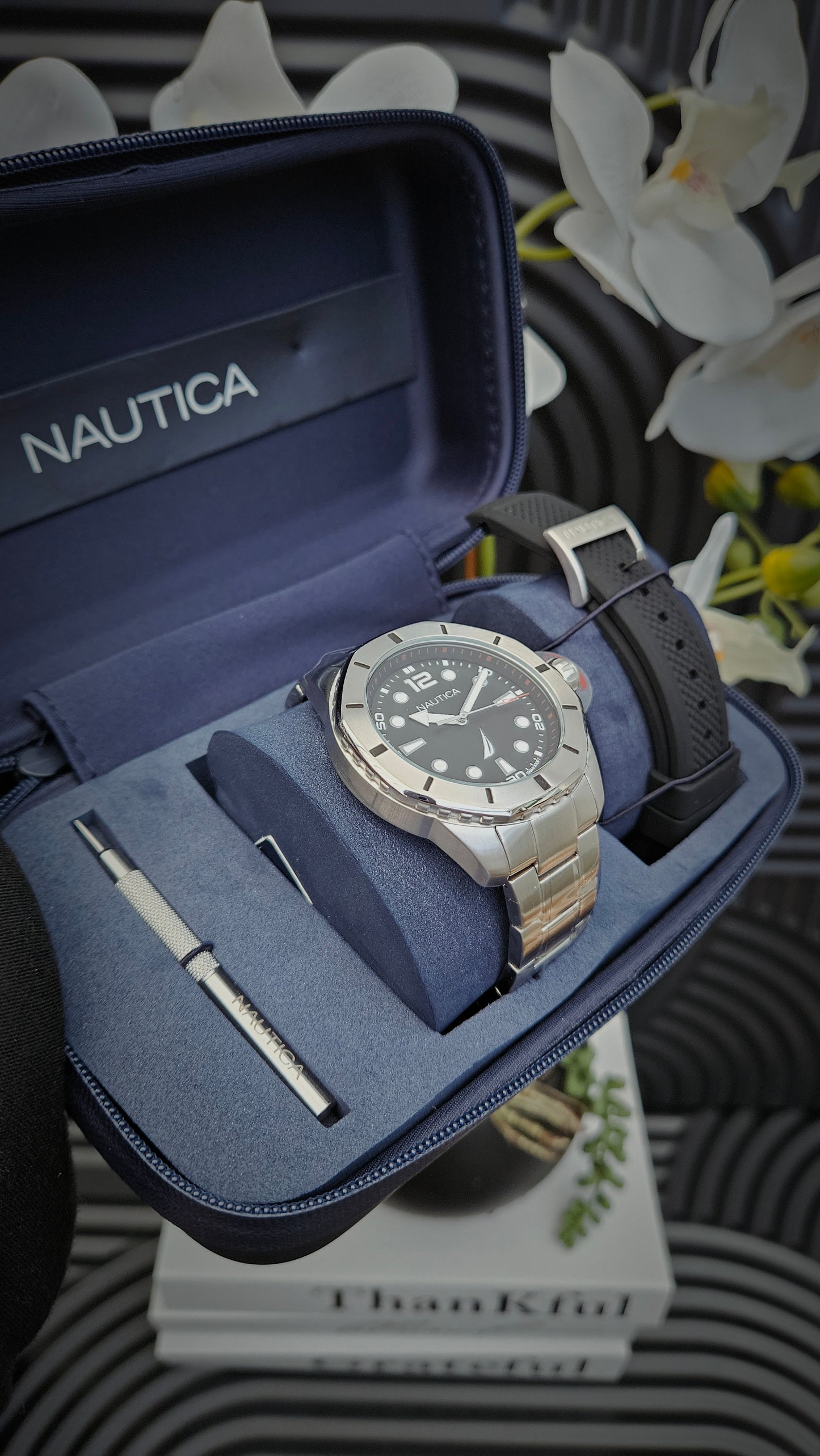 Nautica Stainless Steel Bracelet and Black Silicone Strap Watch