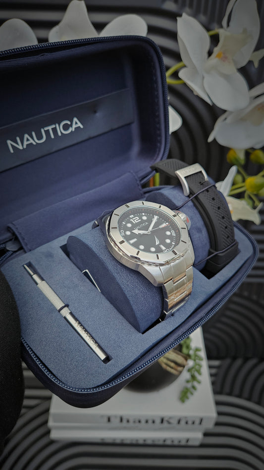 Nautica Stainless Steel Bracelet and Black Silicone Strap Watch