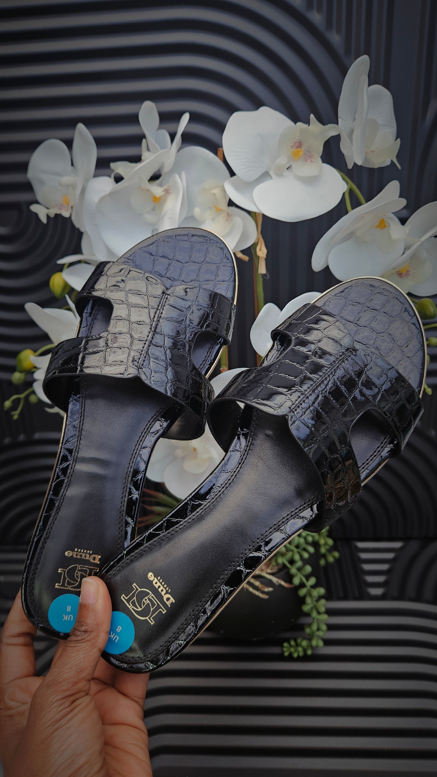 DUNE Flat Sandals in croc Black