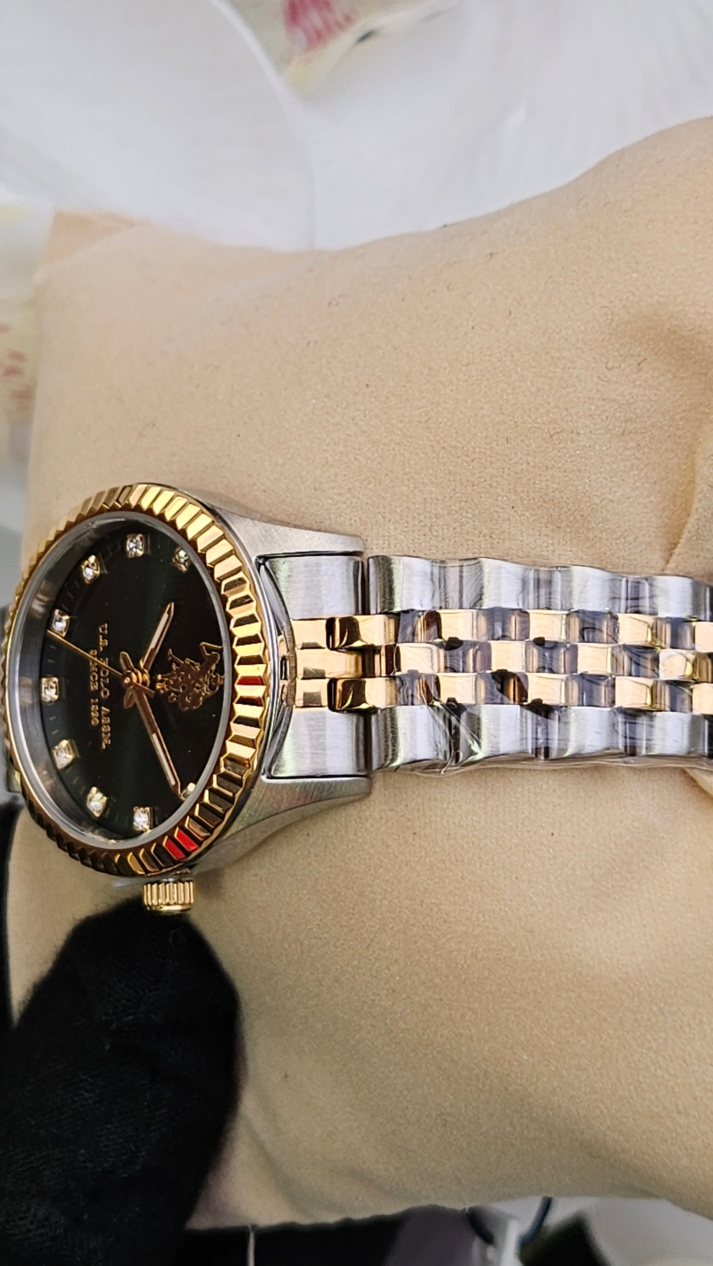 US Polo Assn Gold Tone & Green Stainless Steel Watch For Ladies