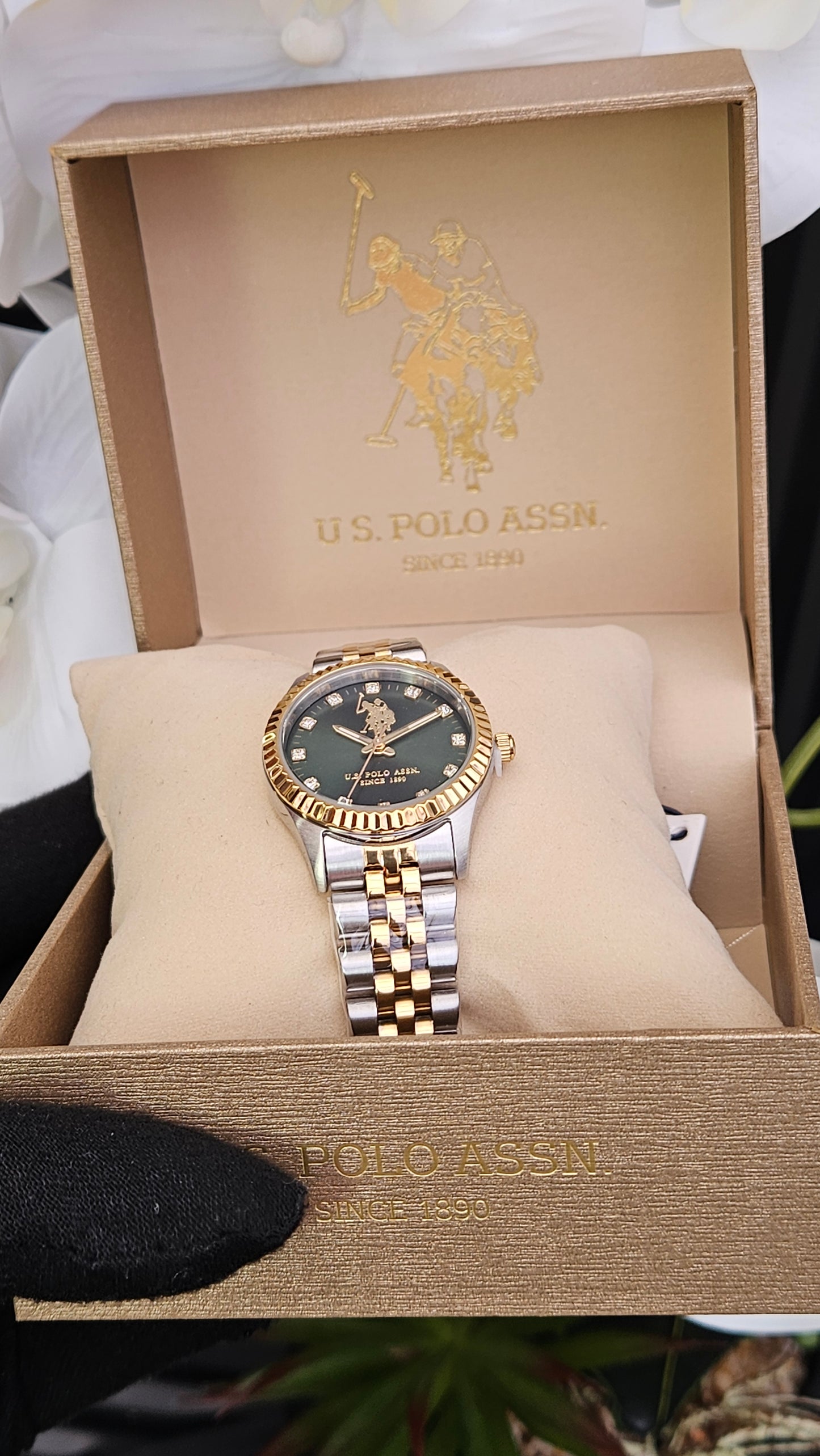 US Polo Assn Gold Tone & Green Stainless Steel Watch For Ladies