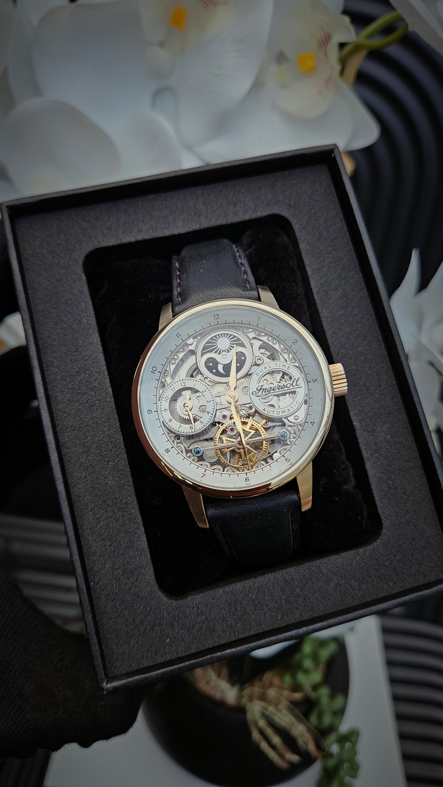 Black & Gold Tone Leather Watch