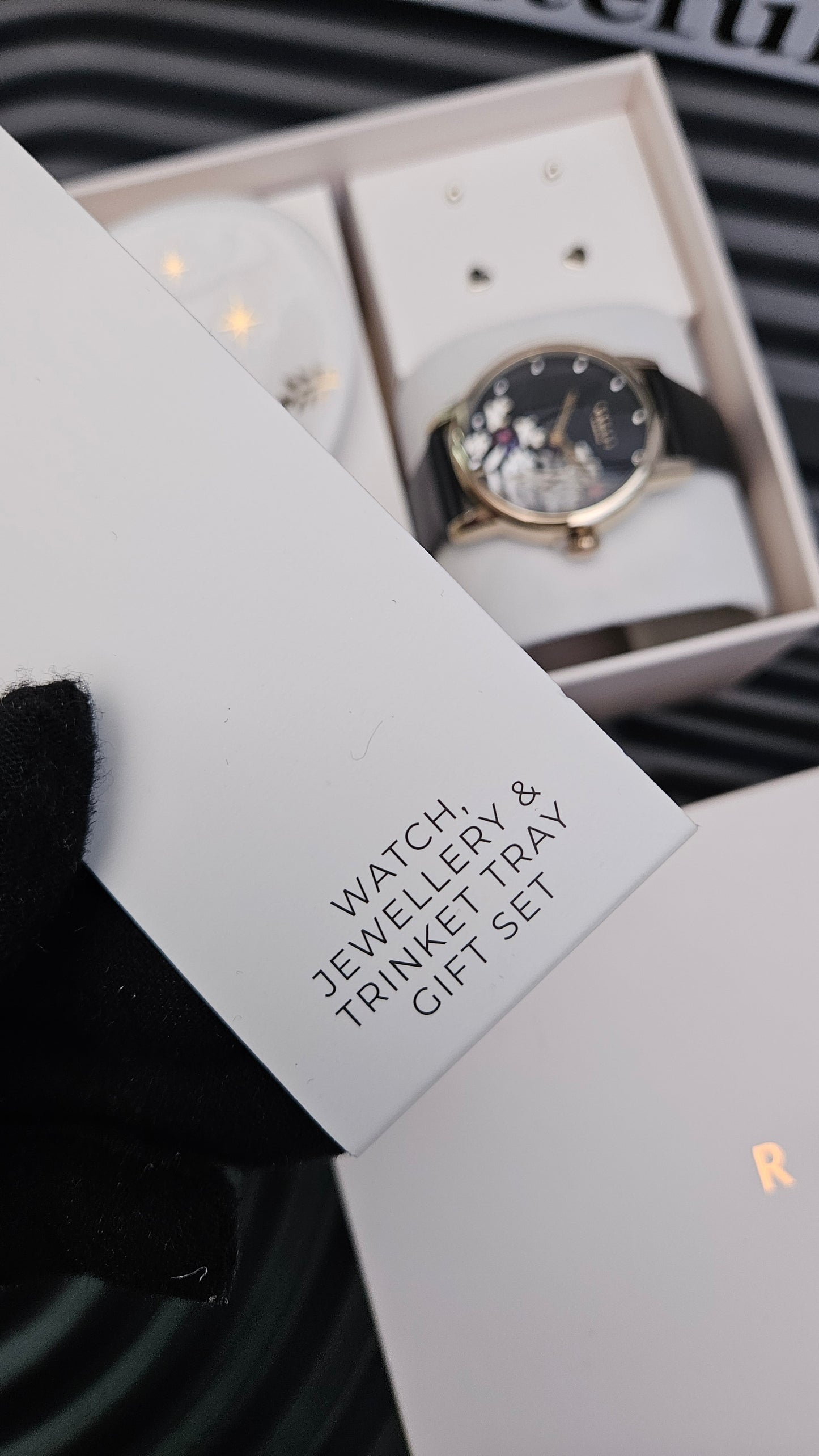 Black Strap Watch, Earrings And Trinket Tray