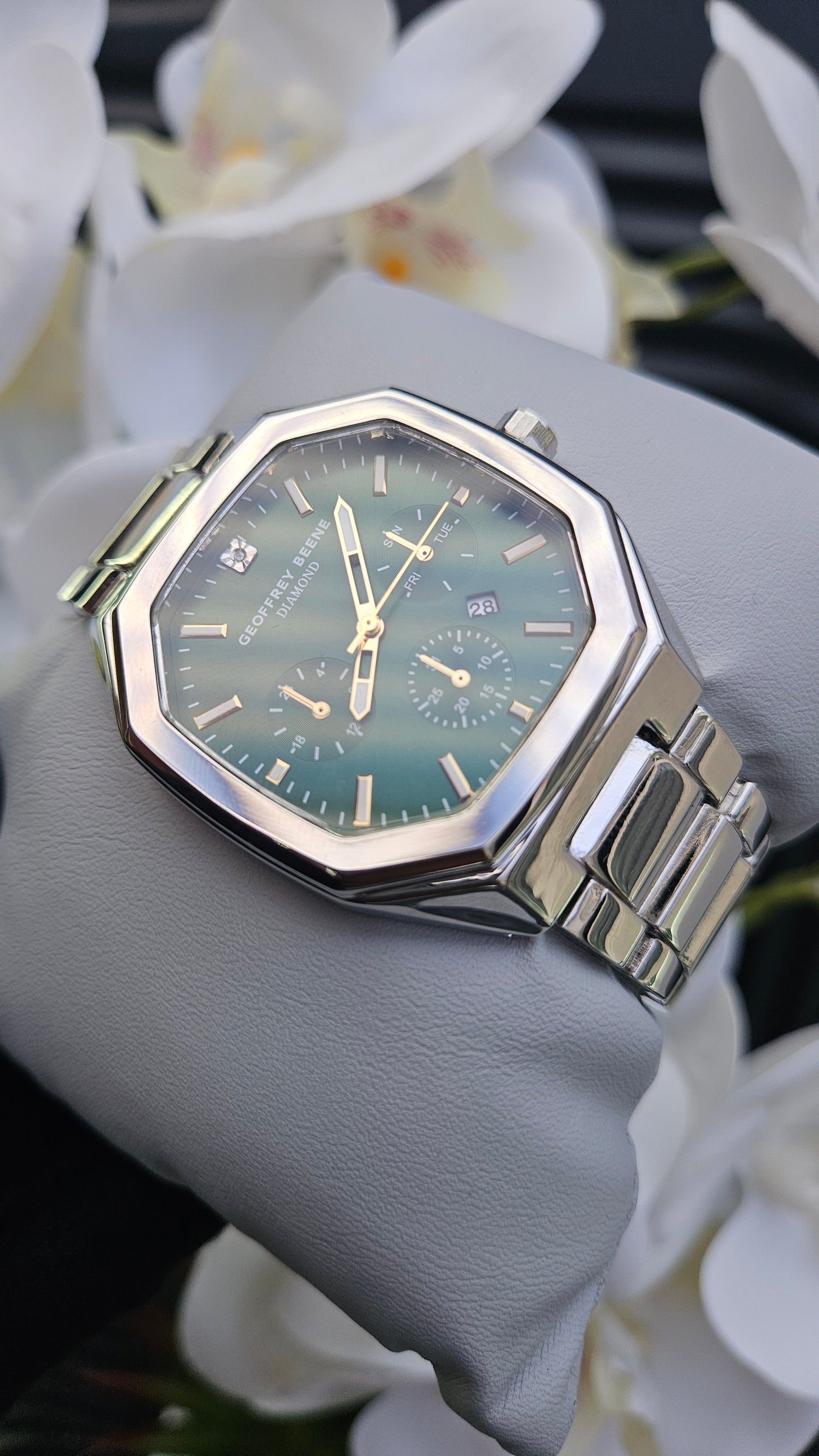 Green Dial Diamond Silver Strap Watch