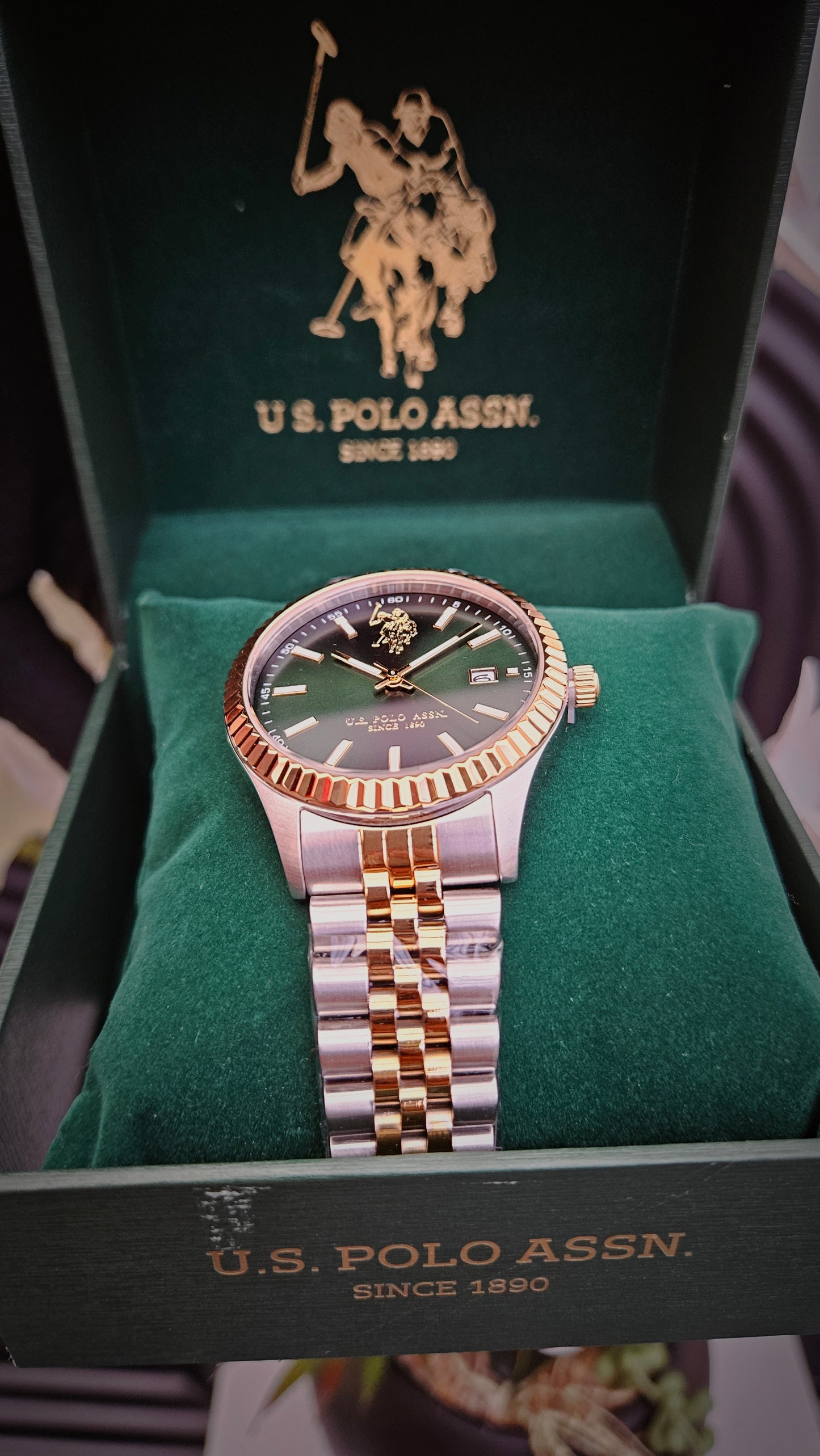 US Polo Assn Gold Tone & Green Stainless Steel Watch