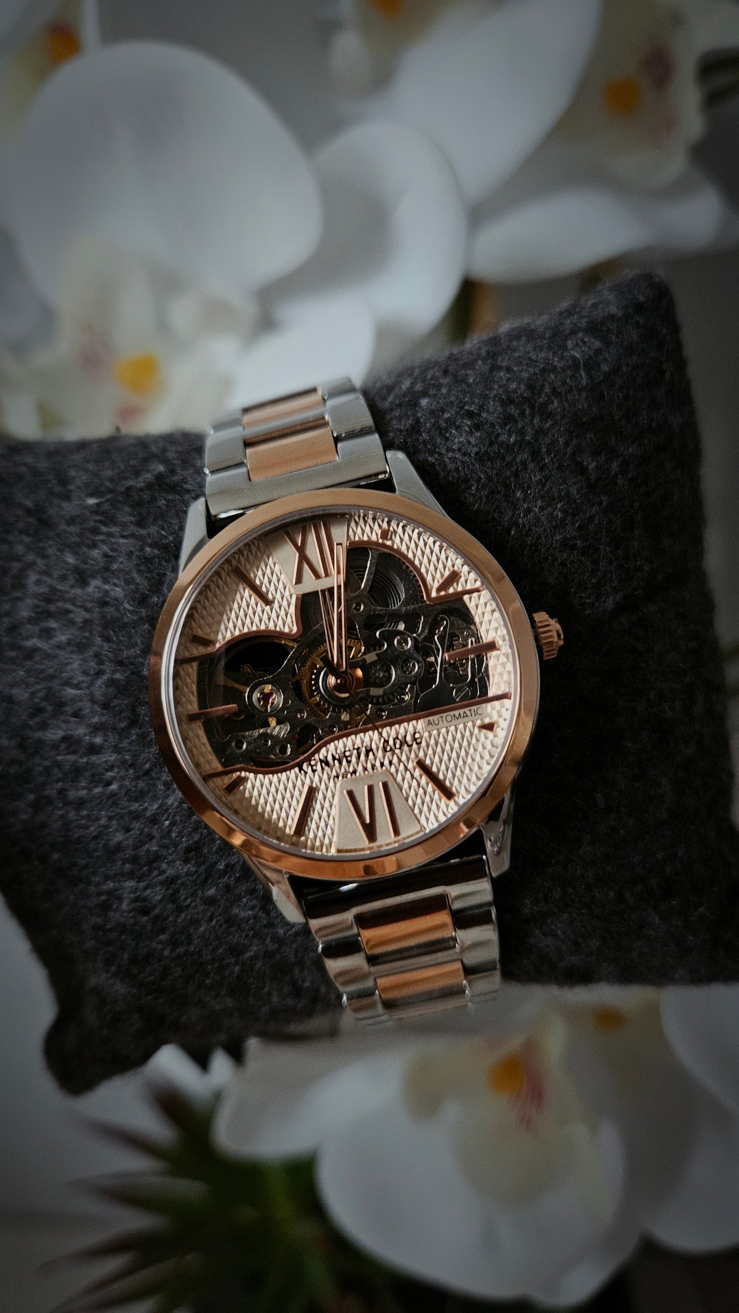 K.C Silver & Rose Gold Leather Automatic Watch
